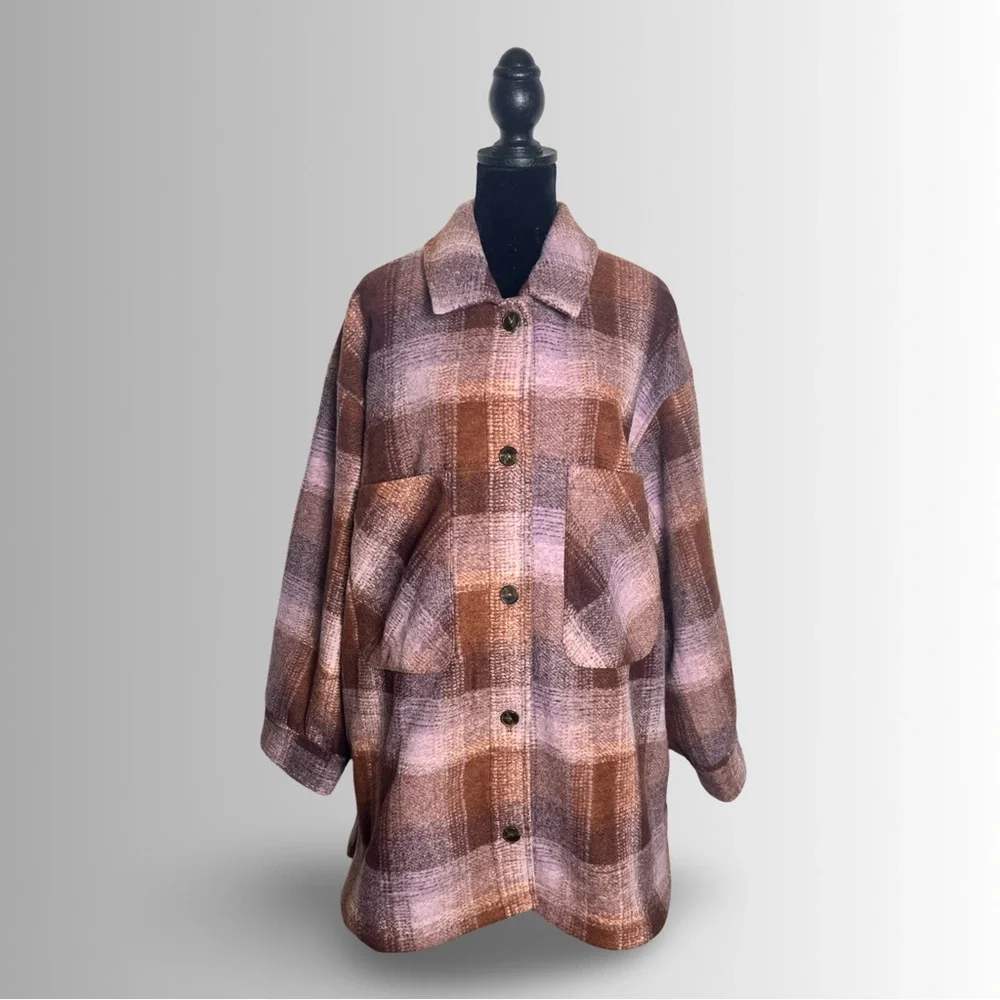 Lucky Brand Oversized Plaid Shirt Jacket Rust/Pink, NWT, Button Down Multi Sizes - Picture 3 of 11